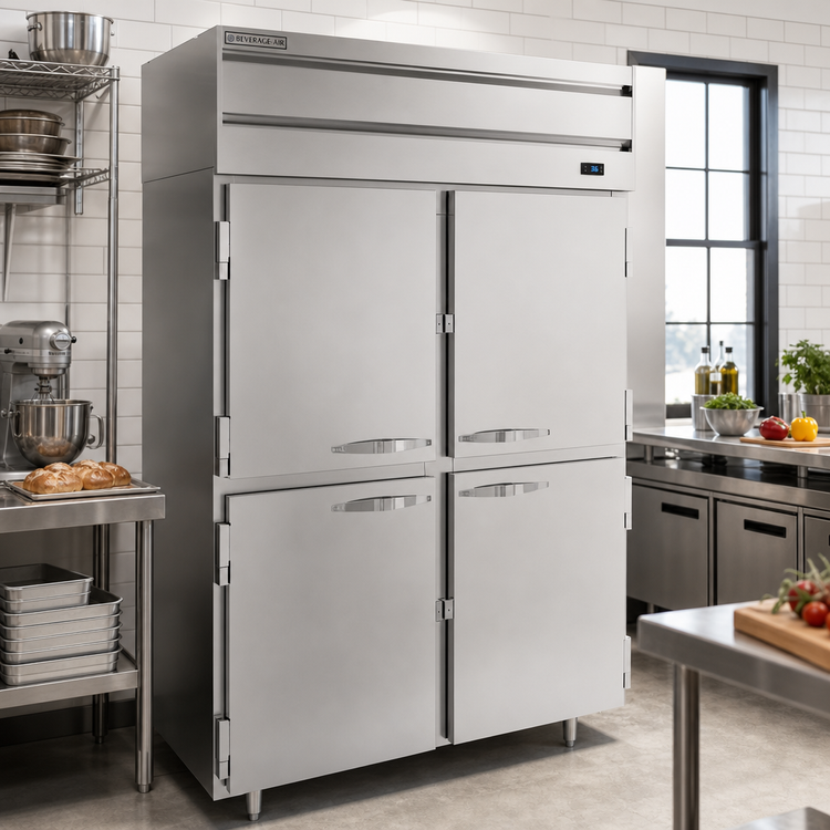 Product image #2 for Beverage-Air P-Series Two-Section Pass-Thru Reach-In Refrigerator with 8 Solid Half Doors, 48.33 Cu. Ft., Top-Mounted Self-Contained Refrigeration