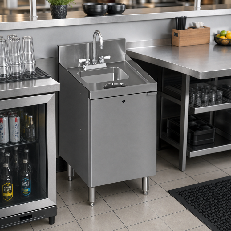 Product image #2 for CHOICE 18-Inch Stainless Steel Underbar Hand & Dump Sink Cabinet with Hinged Door, Faucet, and Dry Waste Chute
