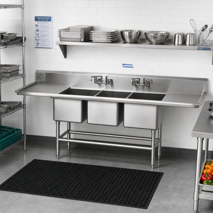 Product image #2 for Eagle Spec-Master FN Series Coved Corner Stainless Steel Three-Compartment Sink with 30-Inch Left Drainboard, 91-1/2-Inch Wide