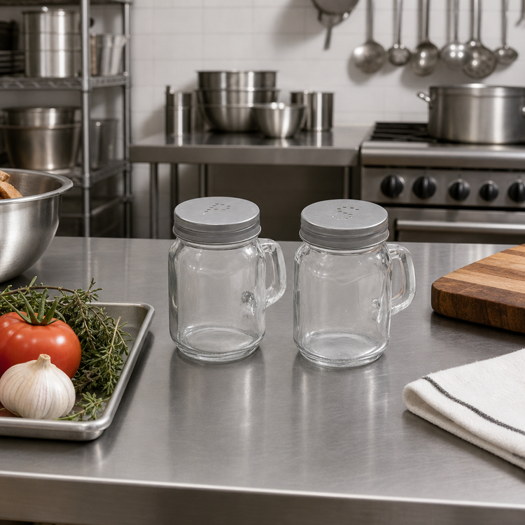 Product image #2 for American Metalcraft Mason Jar Salt and Pepper Shaker Set, 4 oz., Clear Glass, Perforated Metal Tops