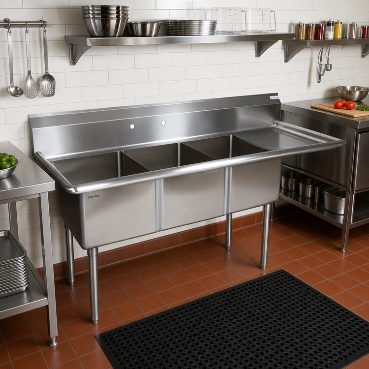 Product image #2 for John Boos E-Series 3-Compartment Stainless Steel Sink with Right Drainboard, 74-1/2 Inch Wide