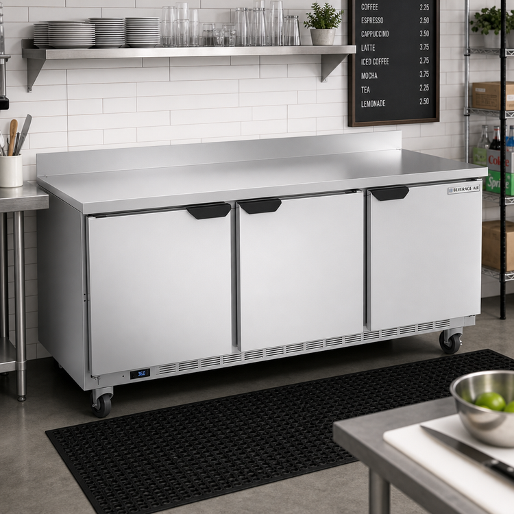 Product image #3 for Beverage-Air 72-Inch Three-Section Worktop Refrigerator with 3 Solid Doors and Rear-Mounted Self-Contained R290 Refrigeration