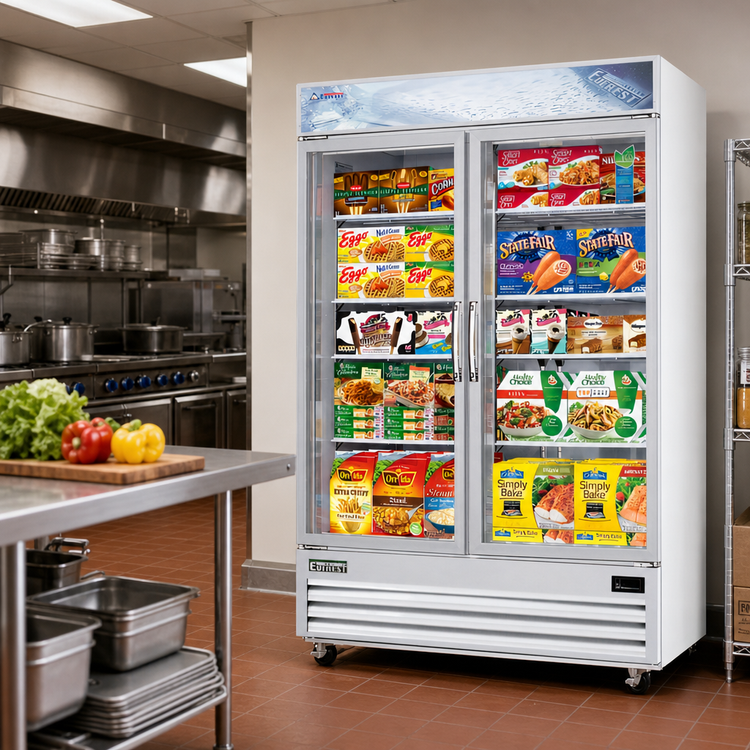 Product image #2 for Everest Refrigeration Two-Section Reach-In Glass Door Merchandiser Freezer, 48 Cu. Ft., Self-Contained Bottom Mount