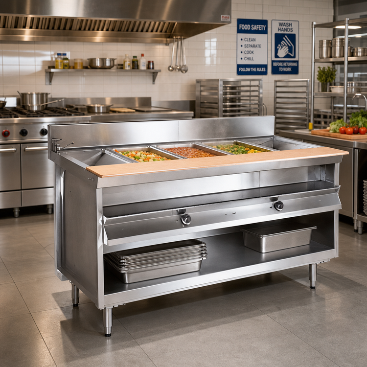 Product image #2 for La Rosa Electric Water Bath Hot Food Table, 48 x 32 Inch, Three 12 x 20 Openings, Open Cabinet Base