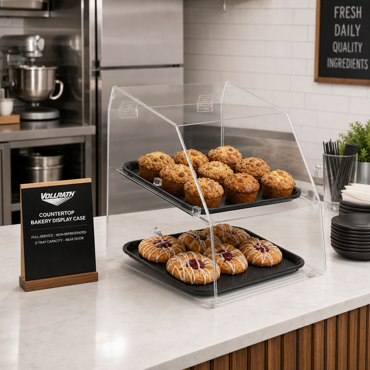 Product image #2 for Vollrath Countertop Curved-Front Full-Service Bakery Display Case, Non-Refrigerated, Rear Door, Clear Acrylic, 2-Tray Capacity