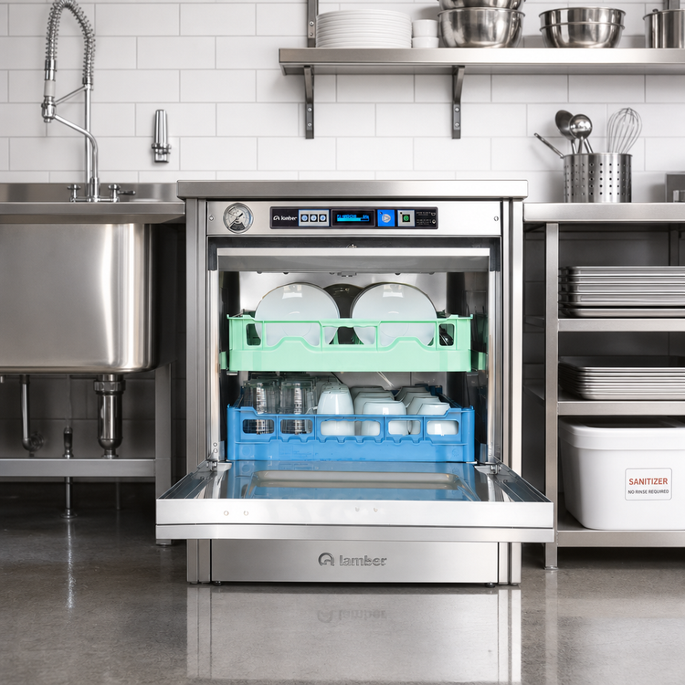 Product image #3 for Lamber High-Temp Undercounter Dishwasher with Booster, Stainless Steel, 20" x 20" Rack, 30 Racks/Hour