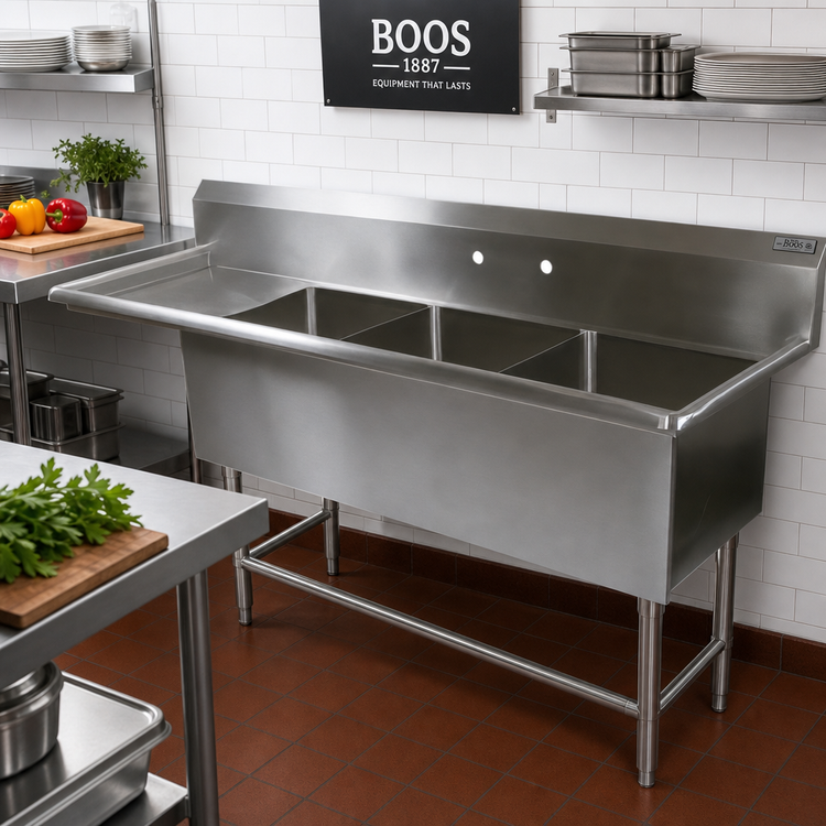 Product image #2 for John Boos Pro-Bowl 3-Compartment Sink with Left Drainboard, 30 x 24 x 12-Inch Bowls, 14-Gauge Stainless Steel