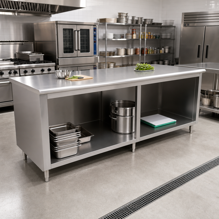 Product image #2 for Advance Tabco 108-Inch x 30-Inch 14-Gauge 304 Stainless Steel Work Table with Open Front Cabinet Base