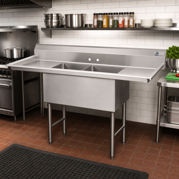 Product image #2 for Advance Tabco 2-Compartment Fabricated Sink with Left and Right Drainboards, 18" x 18" Bowls, 16-Gauge 304 Stainless Steel