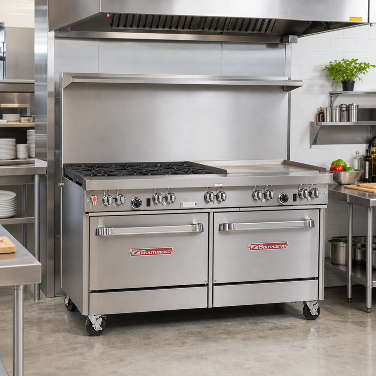 Product image #2 for Ultimate 60-Inch Gas Restaurant Range with 2 Star/Saute Burners, 48-Inch Thermostatic Griddle, Standard Oven, and Convection Oven