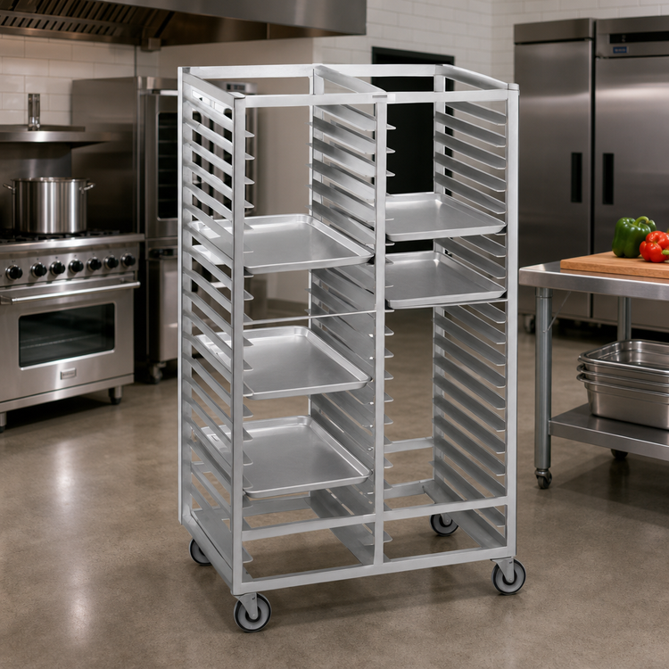 Product image #2 for Channel Double-Section Aluminum Cafeteria Tray Rack, 36-Inch High, 4-Inch Centers, Holds 28 14 x 18 Trays