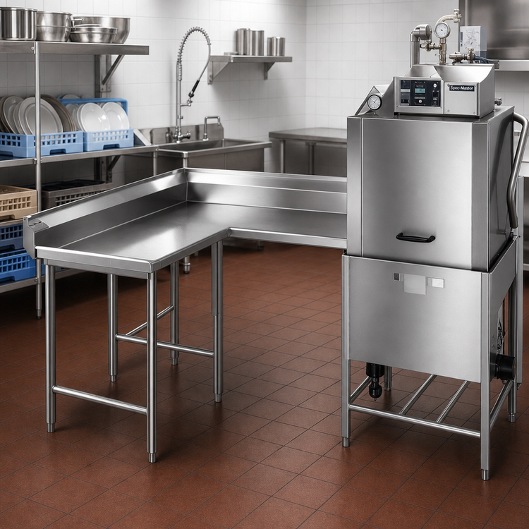 Product image #2 for Spec-Master Corner Clean Dishtable, 48-Inch Machine-to-Corner x 60-Inch Corner-to-End, 30-Inch Working Depth, 14/304 Stainless Steel