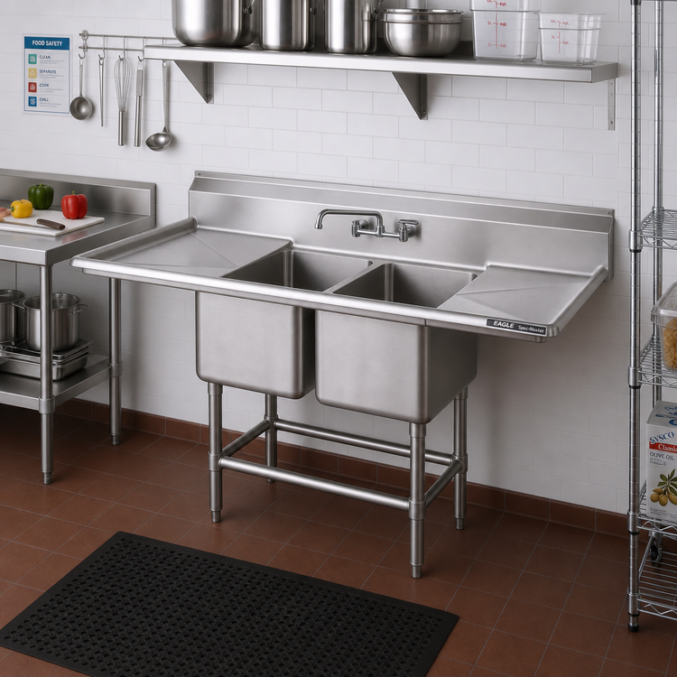 Product image #2 for Eagle Group Spec-Master FN Series 2-Compartment Stainless Steel Sink with Left-Hand 24-Inch Drainboard, 65-1/2 Inch Wide x 27 Inch Deep