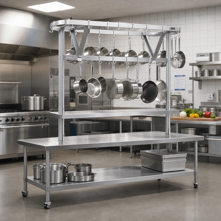 Product image #2 for Eagle Group Table-Mounted Aluminum Triple-Bar Pot Rack with 33 Double-Pronged Hooks for 132-Inch Tables