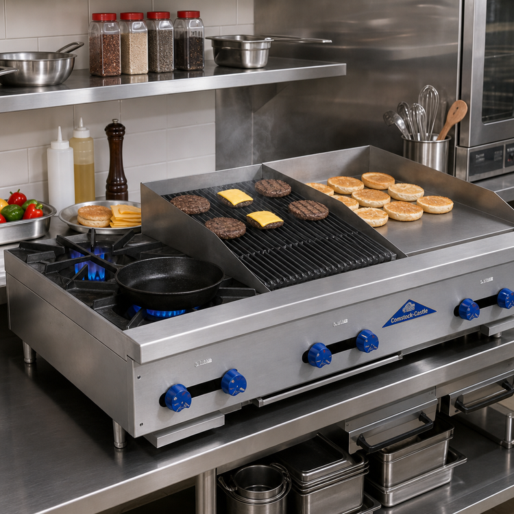 Product image #2 for Comstock-Castle 48-Inch Countertop Gas Hotplate, Griddle and Radiant Char-Broiler Combination with 2 Open Burners