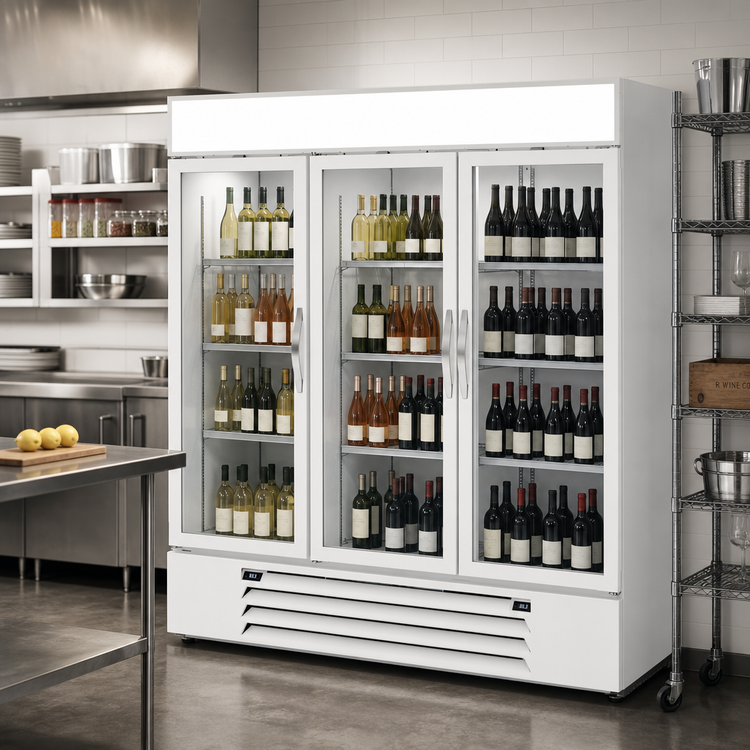 Product image #3 for Beverage-Air MarketMax™ Dual Temp Three-Section Reach-In Wine Merchandiser Refrigerator, Bottom-Mounted Self-Contained, White, 75-1/8 Inch