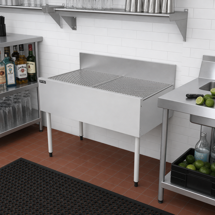 Product image #3 for Top Shelf TSF Series 42-Inch Freestanding Stainless Steel Underbar Drainboard with 6-Inch Backsplash