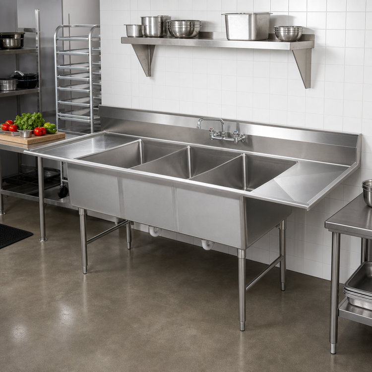 Product image #2 for Elite Three-Compartment Stainless Steel Sink with Double Drainboards, 102 x 31-1/2 x 41 Inches