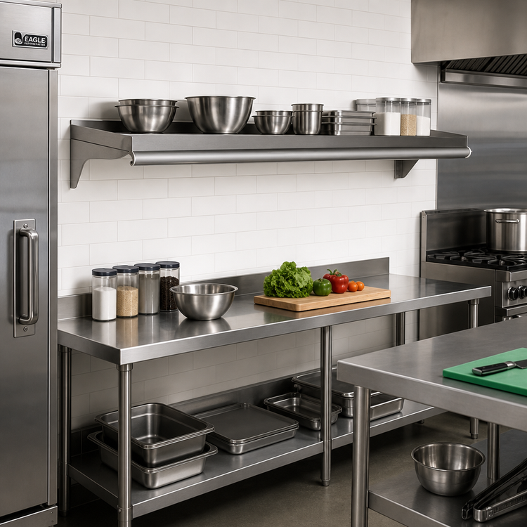 Product image #2 for Eagle Group 120-Inch W x 10-Inch D Wall-Mounted Shelf, 14 Gauge 304 Stainless Steel