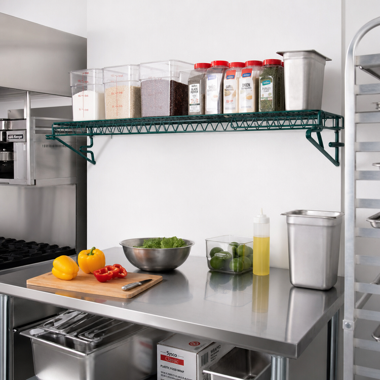 Product image #2 for 60" x 12" Wall-Mounted Wire Shelf with Green Epoxy Finish, 175 lb Capacity