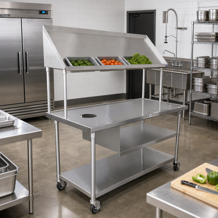 Product image #2 for John Boos 63 Inch x 30 Inch Mobile Stainless Steel Sorting Table with Marine Edge, Slanted Shelf, and Locking Casters