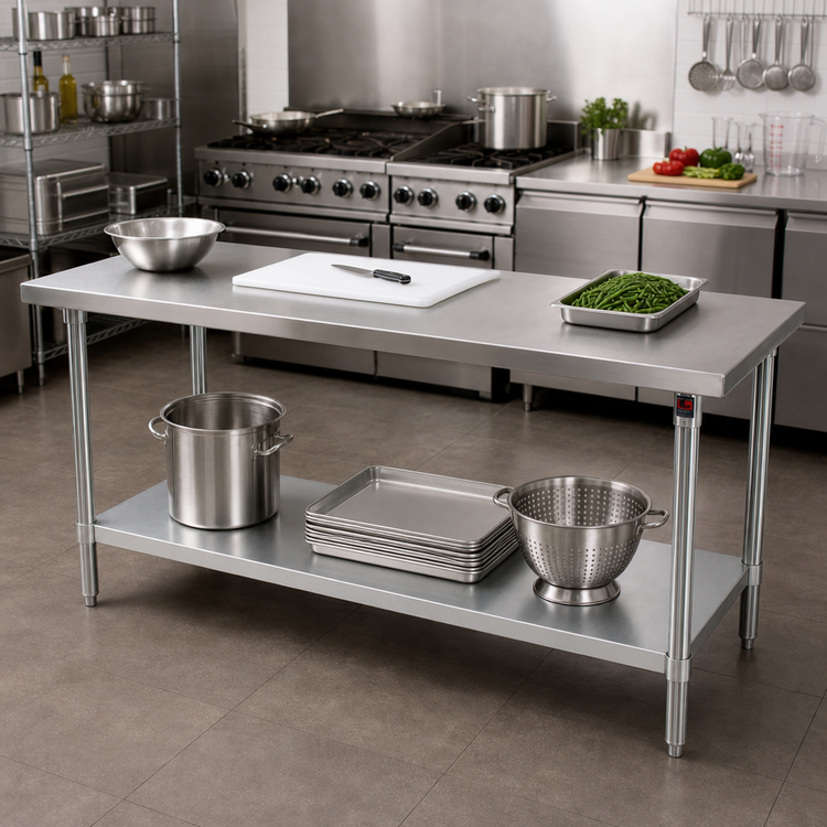 Product image #2 for John Boos Stallion 108 x 30-Inch 16-Gauge 300-Series Stainless Steel Flat Top Work Table with Galvanized Base and Adjustable Undershelf