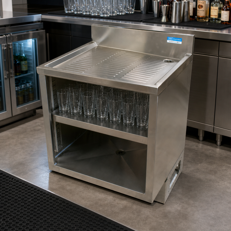 Product image #2 for BK Resources 30-Inch Stainless Steel Underbar Glass Rack Cabinet with Drainboard Top and Adjustable Shelf