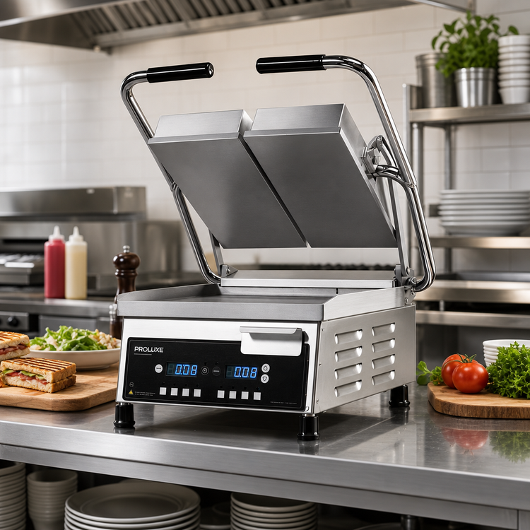 Product image #2 for Proluxe Vantage Compact Split-Lid Commercial Panini Press with Dual 6-Inch Smooth Grill Surfaces