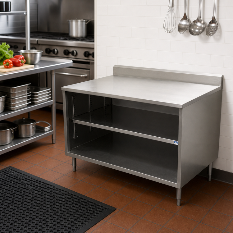 Product image #2 for BK Resources Stainless Steel Chef Table with 5-Inch Riser, Open Front Cabinet Base, 30" W x 18" D x 39-3/4" H