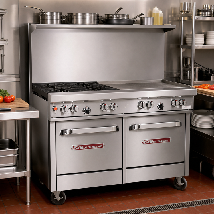 Product image #2 for Southbend Ultimate 48-Inch Commercial Gas Restaurant Range with 2 Open Burners, 36-Inch Griddle, Convection Oven, and Cabinet Base