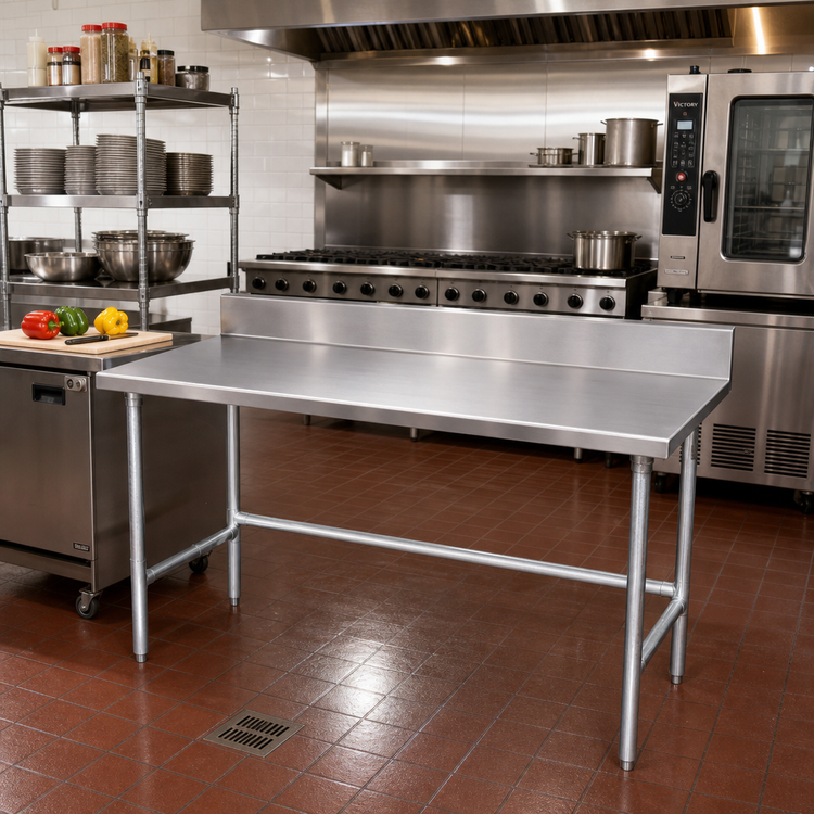 Product image #2 for Advance Tabco 72-Inch x 30-Inch 16-Gauge 430 Stainless Steel Work Table with 5-Inch Backsplash and Galvanized Open Base