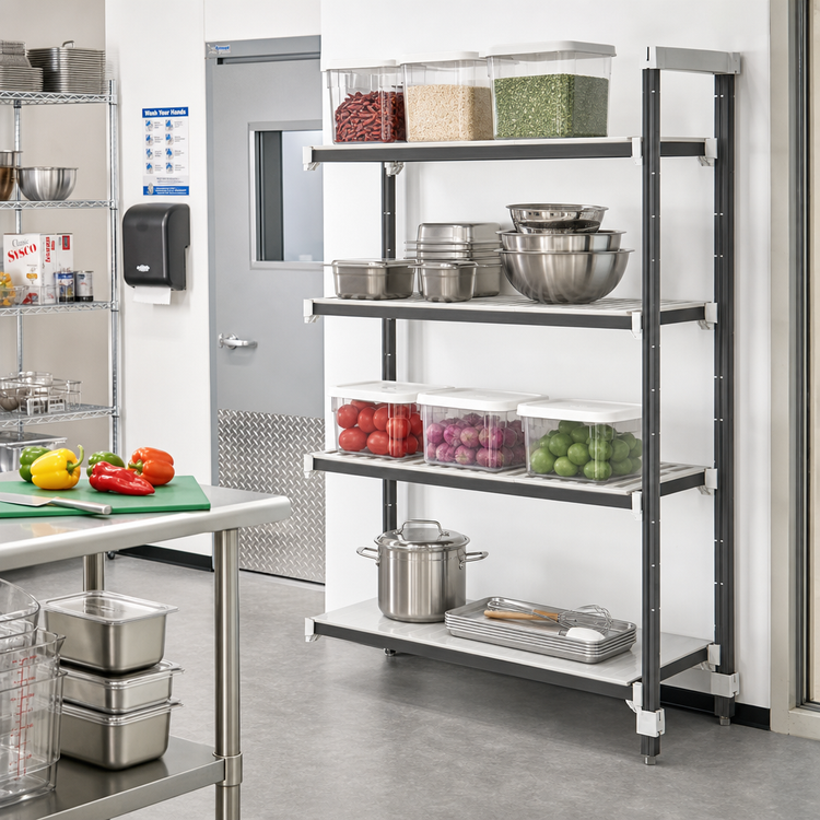Product image #2 for Cambro Camshelving Elements XTRA Stationary Add-On Polymer Shelving Unit, 36 x 24 x 72-Inch, 4-Tier, 3 Vented + 1 Solid Shelf Configuration, Speckled Gray
