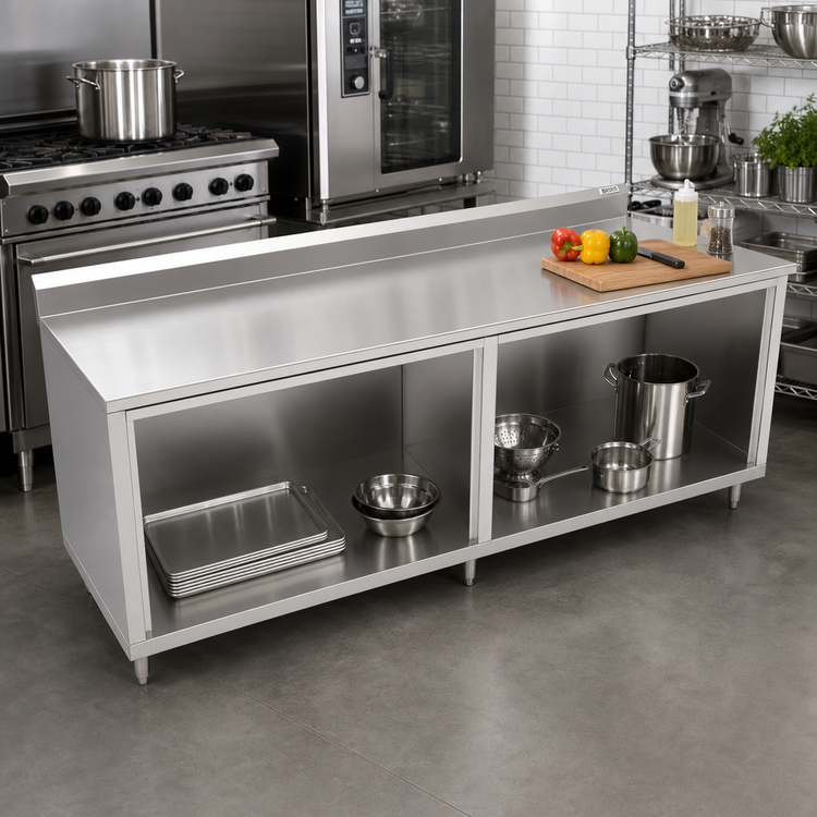Product image #2 for John Boos Stainless Steel Open Front Cabinet Base Work Table with 16-Gauge 300 Series Top and 5-Inch Backsplash, 132 x 30 Inches