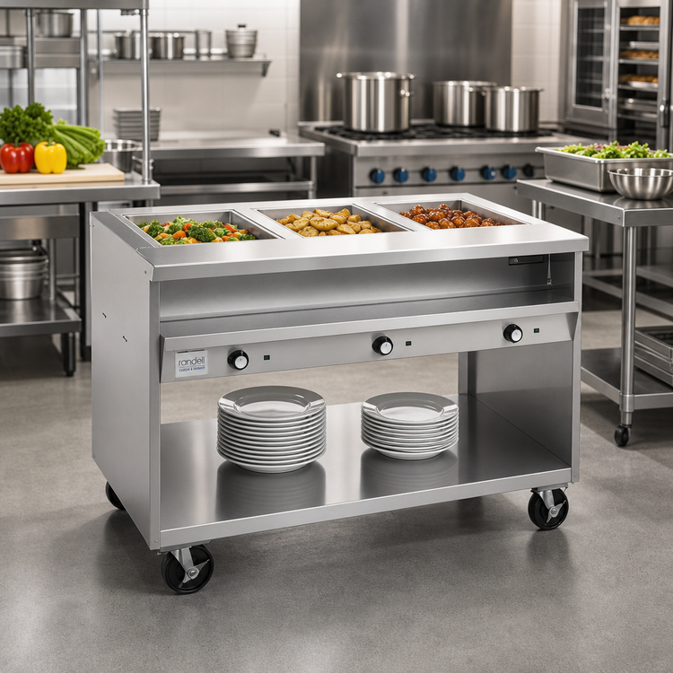 Product image #2 for Randell Custom & Serving 48 Inch Electric Hot Food Table, 3-Pan Open Well, Open Shelf Base