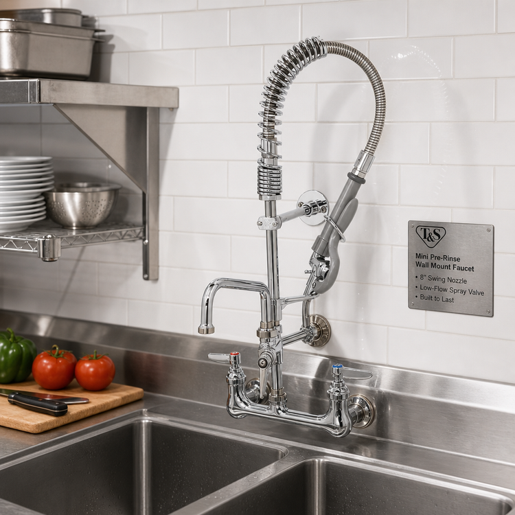 Product image #2 for T&S Brass Mini Pre-Rinse Wall-Mount Faucet with 8" Swing Nozzle and Low-Flow Spray Valve