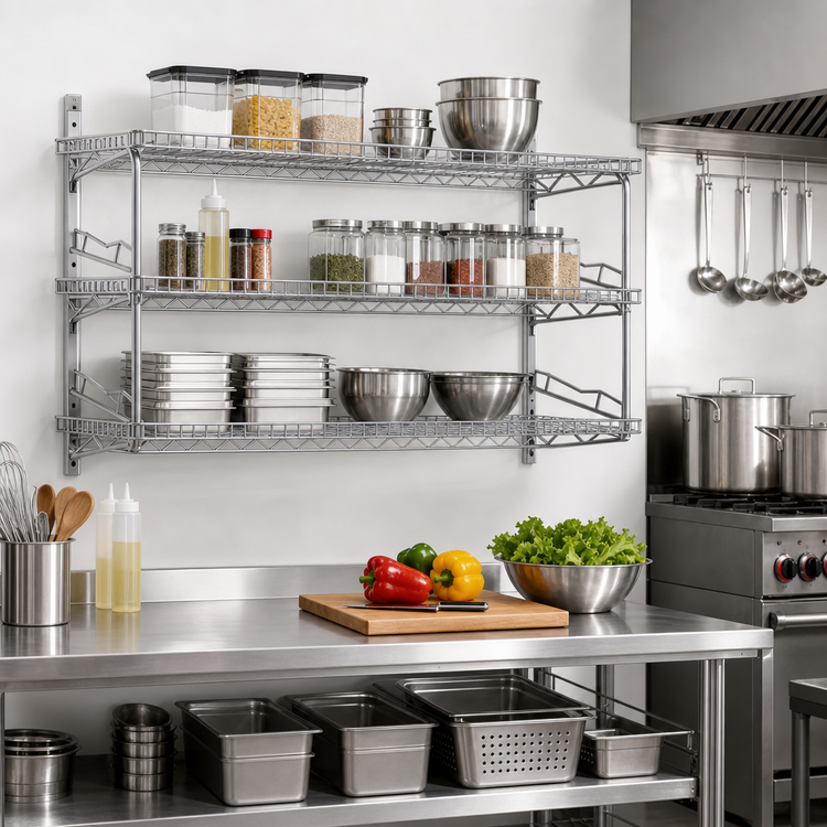 Product image #2 for QuadTruss 3-Tier Piggyback Wall-Mounted Open Wire Shelf Kit, 24 x 18 Inches, Chrome