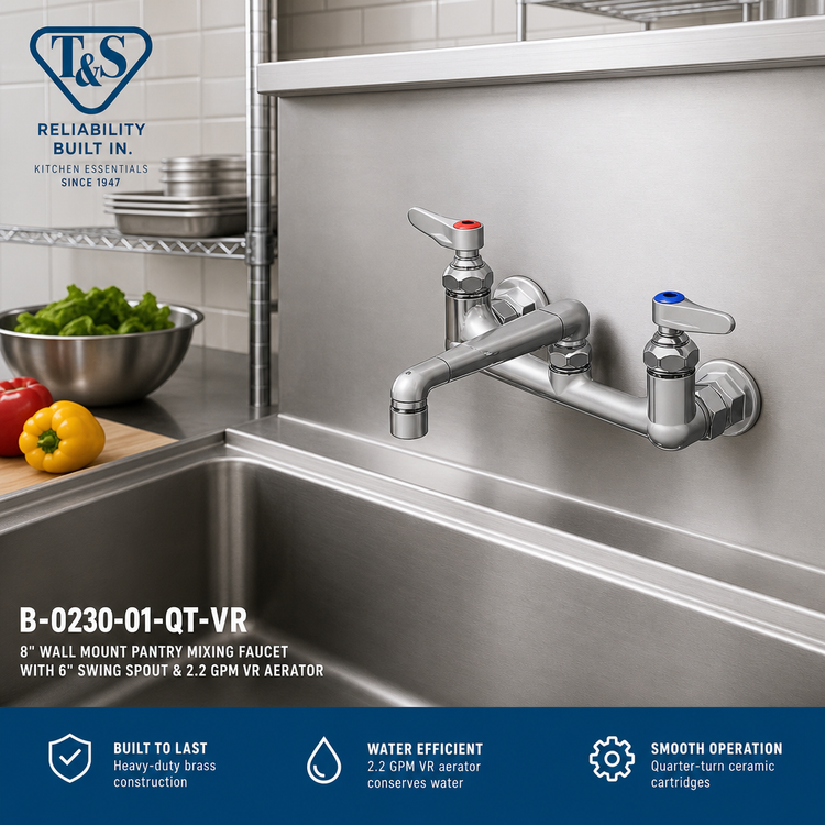 Product image #2 for T&S Brass B-0230-01-QT-VR 8-Inch Wall Mount Pantry Mixing Faucet with 6-Inch Swing Spout and 2.2 GPM VR Aerator