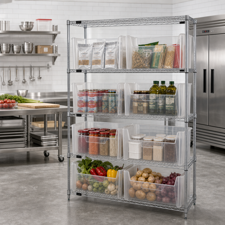 Product image #2 for Quantum Stationary Chrome-Plated Wire Shelving System with 5 Shelves and 8 Clear Bins, 42 x 18 x 74 Inches