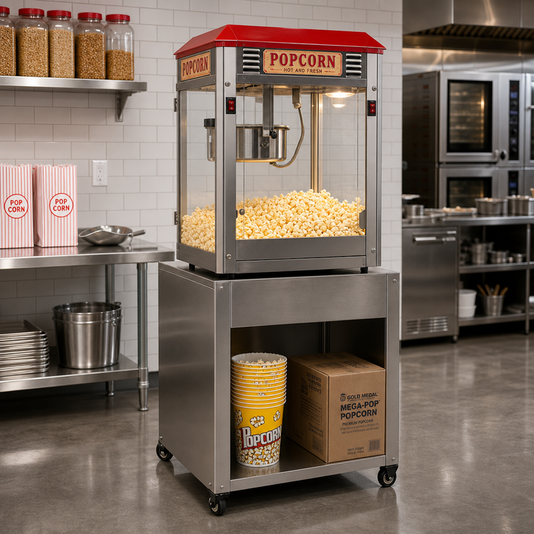 Product image #2 for Benchmark Stainless Steel Pedestal Base with Shelf and Casters for Silver Screen 8 oz Popcorn Machines