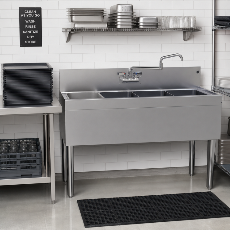Product image #2 for Glastender Four-Compartment Stainless Steel Underbar Sink Unit with Splash Mount Faucet, 48 Inch W x 19 Inch D