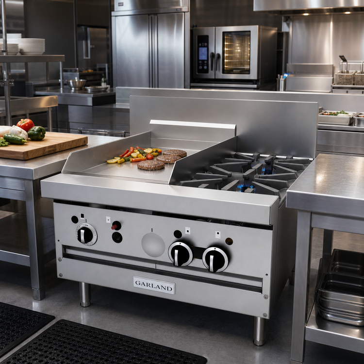 Product image #2 for Garland GF Starfire Pro 24" Gas Restaurant Range, Modular Top with 2 Open Burners and 12" Thermostatic Griddle