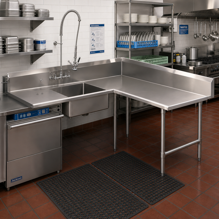 Product image #2 for Pro-Bowl Stainless Steel Corner Soiled Dishtable with Pre-Rinse Sink Bowl, Right-to-Left, 60" Machine Side x 108" End Side