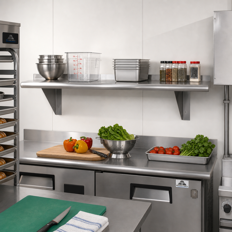 Product image #2 for Advance Tabco 96-Inch Wall-Mounted Stainless Steel Shelf, 12-Inch Deep, 16 Gauge