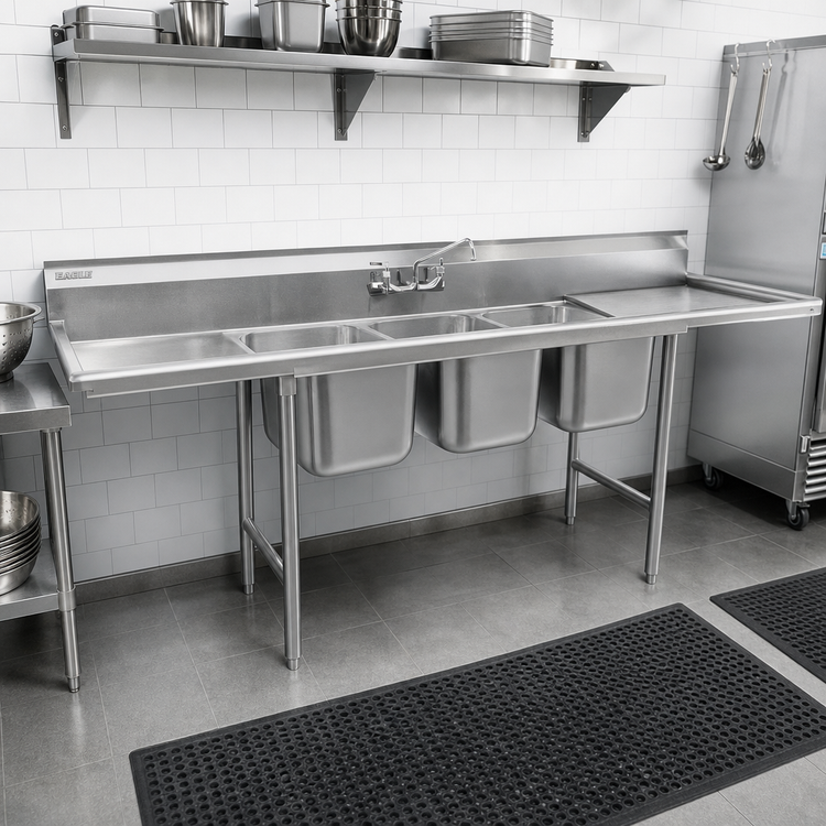 Product image #2 for Eagle Group 314 Series 80-3/4-Inch Wide 3-Compartment Sink with Right-Hand Drainboard, 304 Stainless Steel
