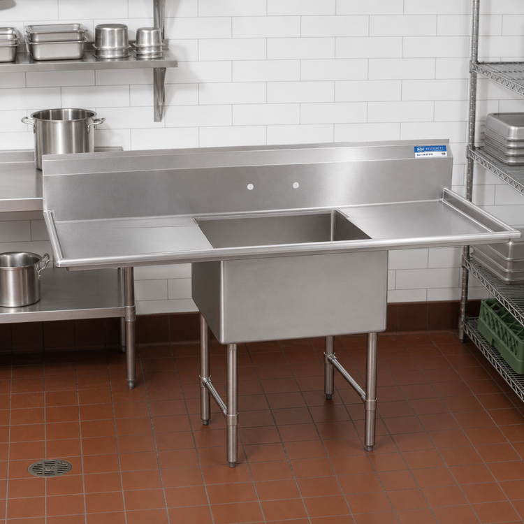 Product image #2 for BK Resources One Compartment Double Drainboard Stainless Steel Compartment Sink, 24 x 24 x 14-Inch Bowl, 72-Inch Wide