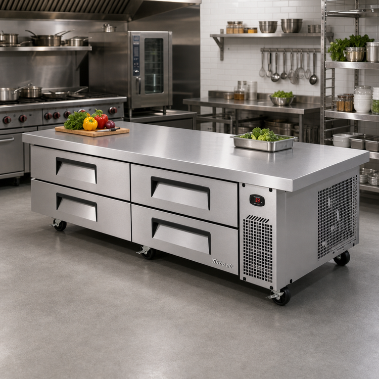 Product image #2 for Turbo Air Super Deluxe Extended Top Chef Base Refrigerator, 4-Drawer, Stainless Steel, Self-Contained Side-Mounted Refrigeration