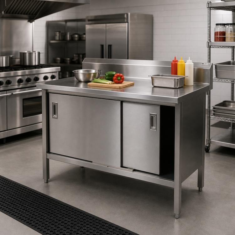 Product image #2 for 60 Inch x 30 Inch 14-Gauge Stainless Steel Enclosed Work Table with Cabinet Base, Sliding Doors, and 5 Inch Backsplash