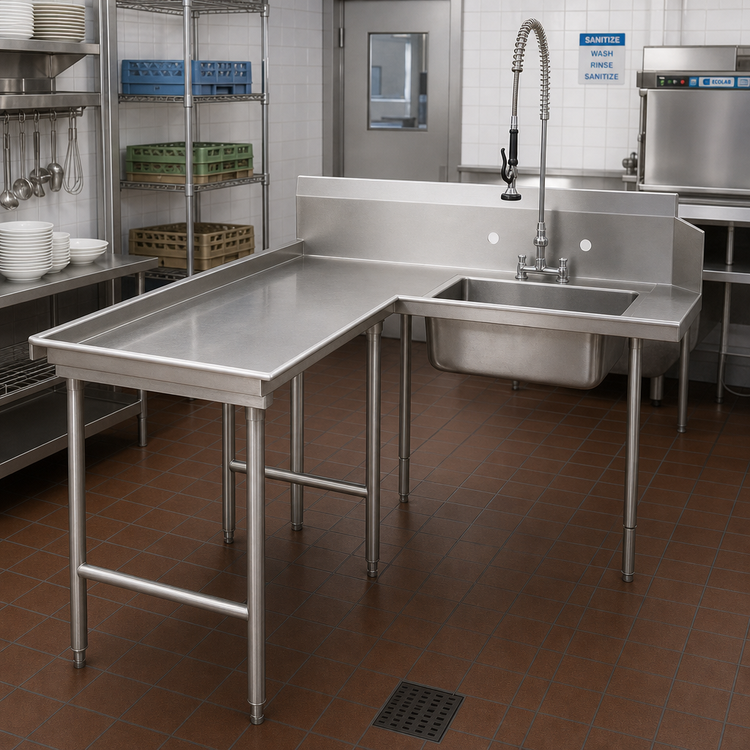 Product image #2 for Advance Tabco L-Shaped Left-Hand Island Soil Dishtable with Pre-Rinse Sink, 119-Inch, 304 Stainless Steel