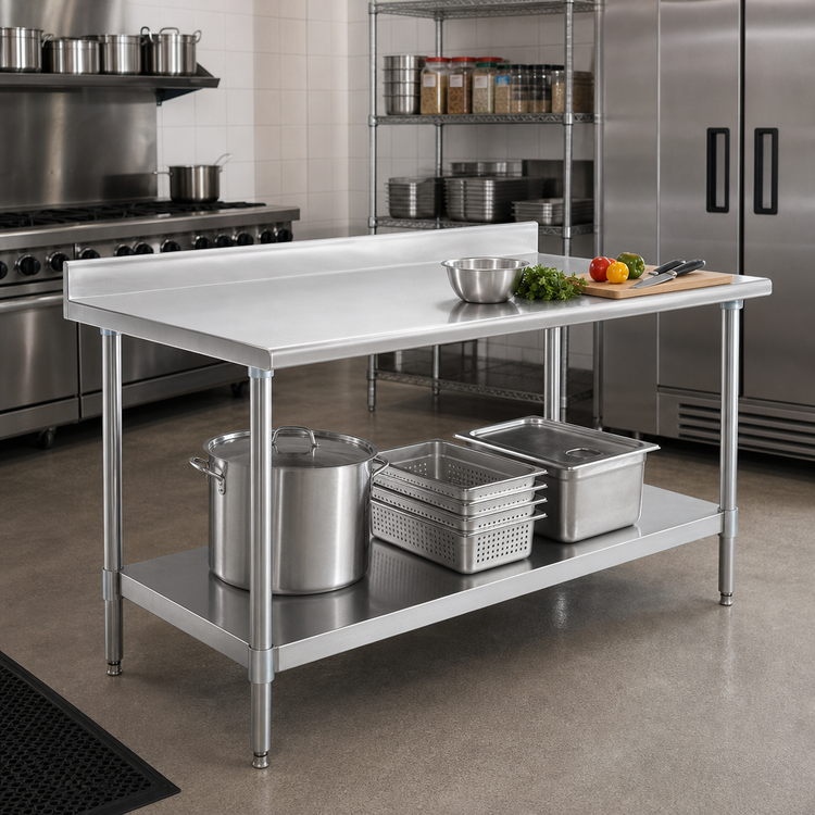 Product image #2 for Deluxe Series 48 x 30 Inch Stainless Steel Commercial Work Table with 4-1/2 Inch Backsplash and Undershelf