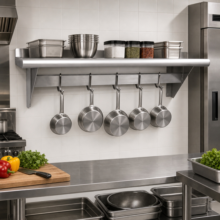 Product image #2 for 72-Inch Wall Shelf with Pot Rack and 6 Hooks, Stainless Steel